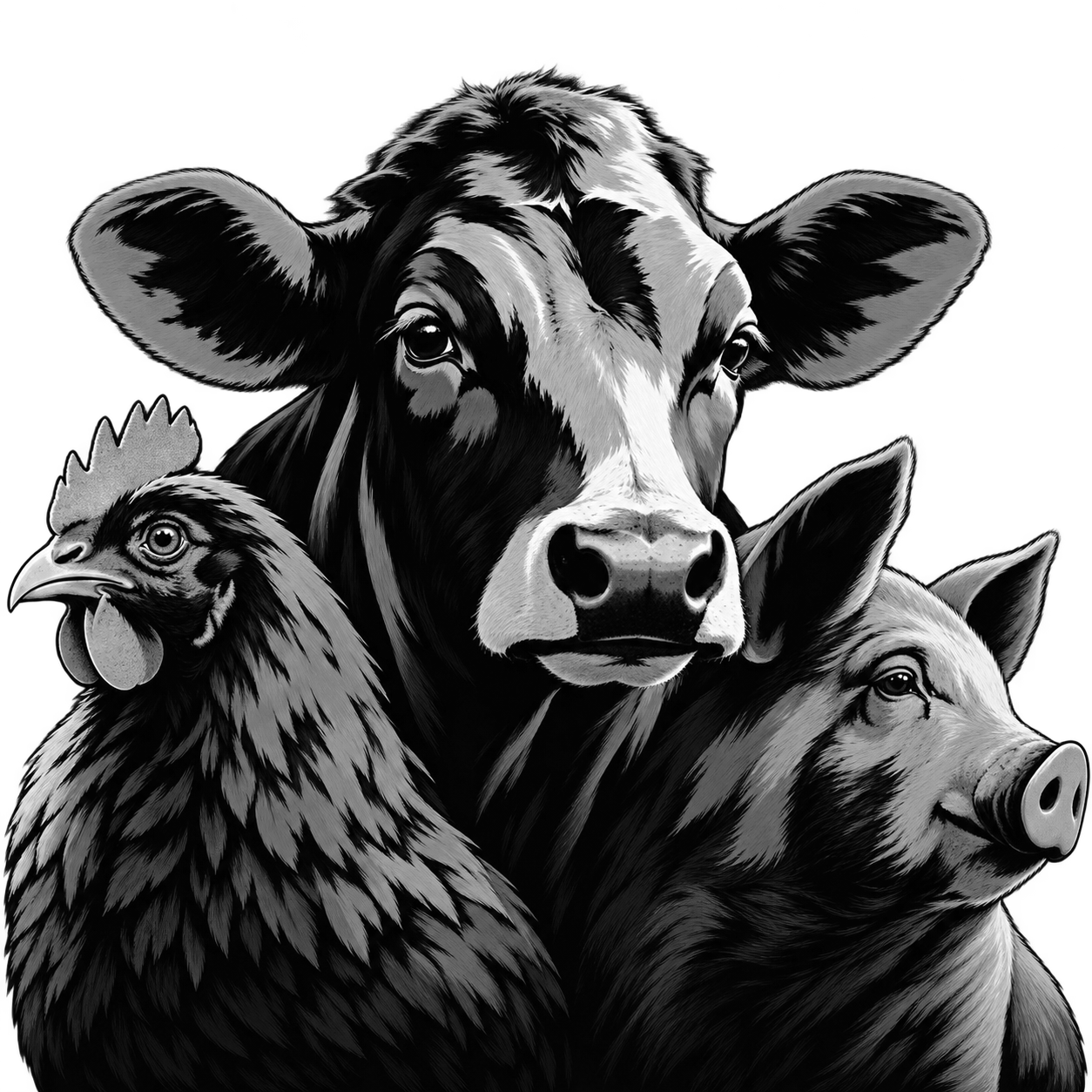 A cow, a chicken and a pig, looking out of the darkness.
